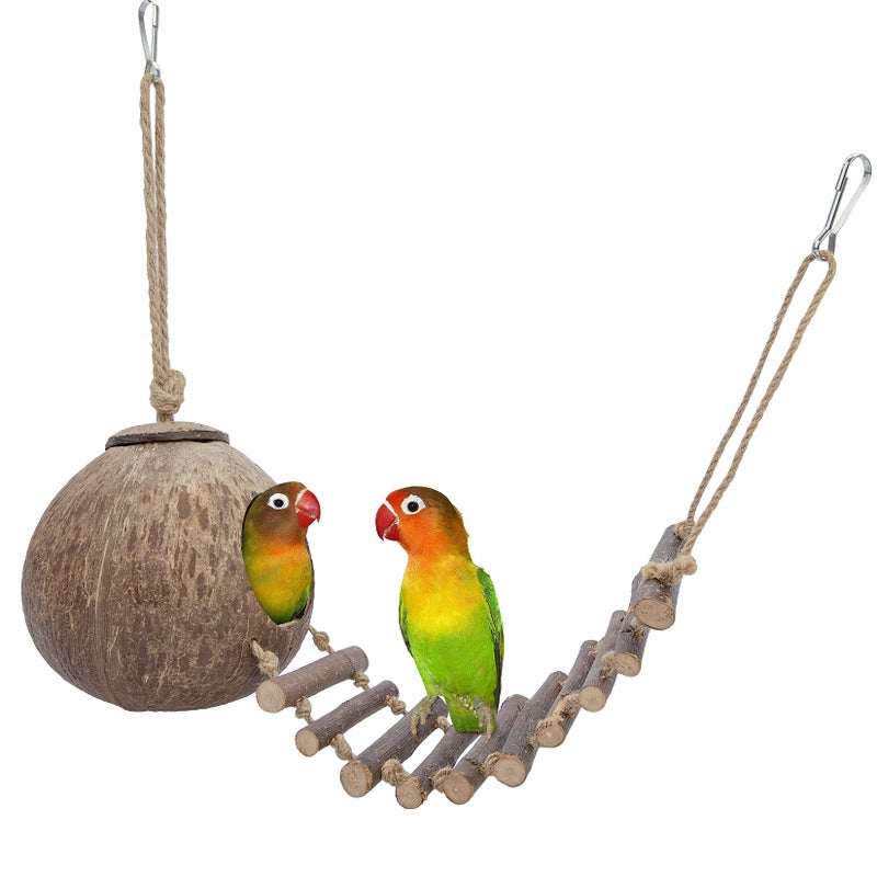 Niteangel Natural Coconut Hamster Hideaway with Ladder, Bird and Small Animal Toy (House with Ladder, Smooth Surface) - Image 1
